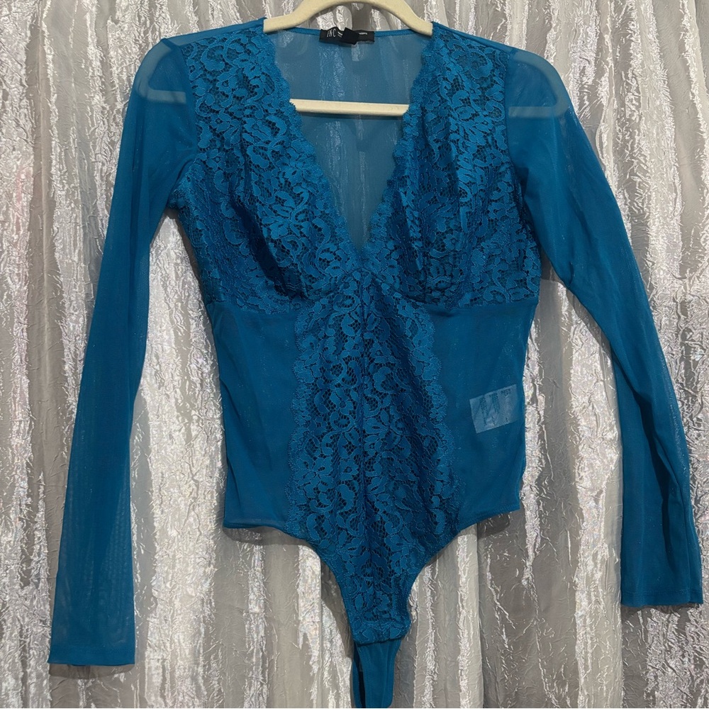 INC International Concepts Blue Asymmetrical Embellished Bodysuit